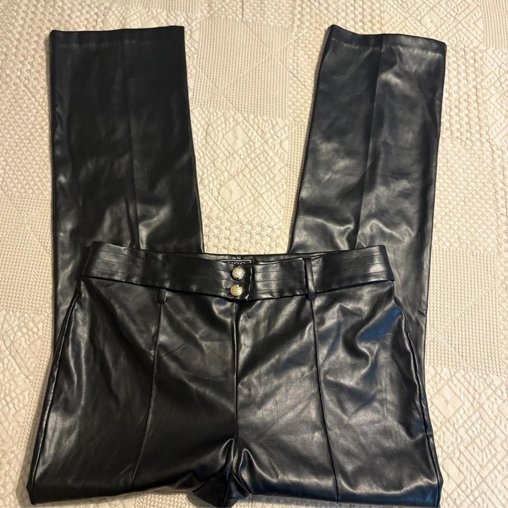 WhimsyGoth black Black faux leather flare pants with gold buttons